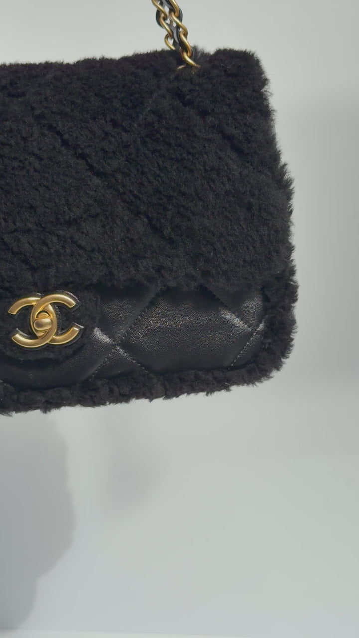Chanel 24K Black Shearling Medium Flap Bag