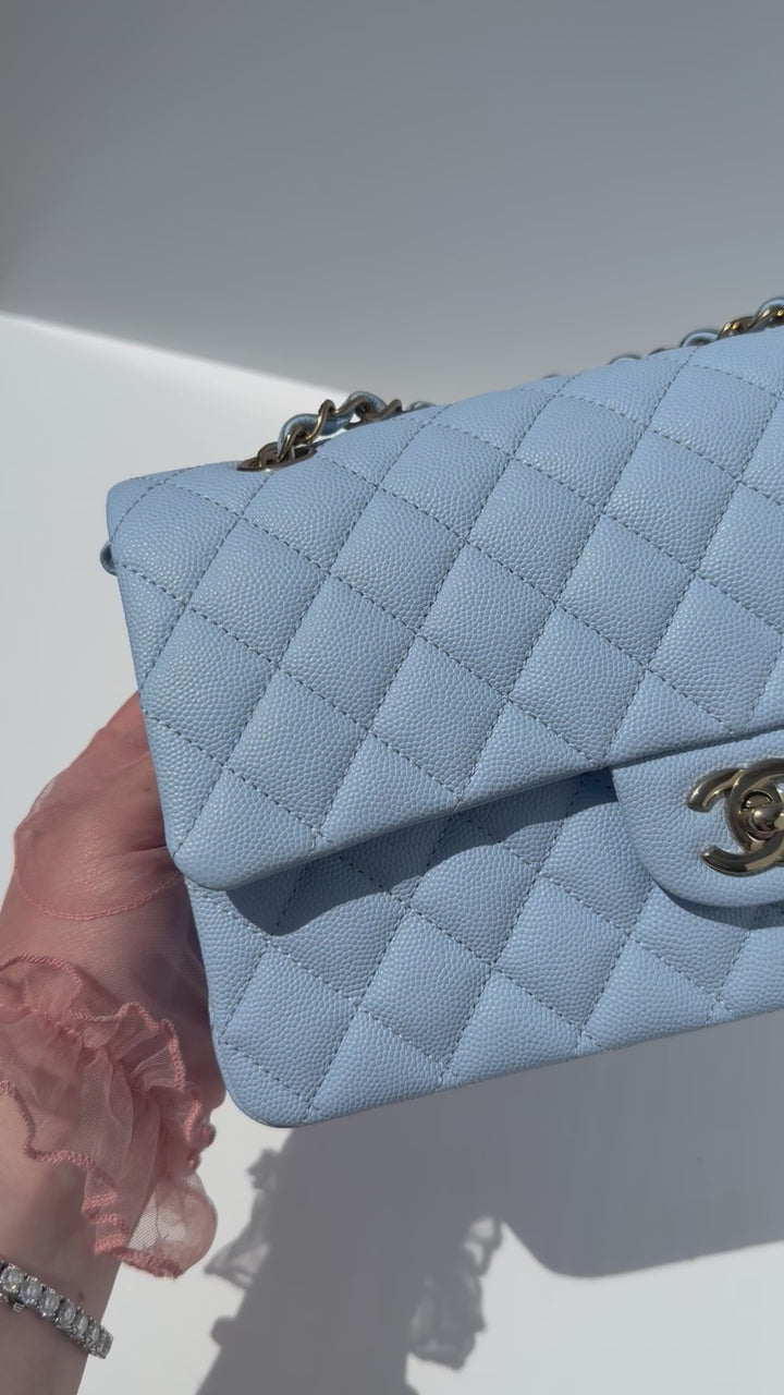 Chanel Medium Classic Double Flap Caviar Light Blue Light Gold Hardware 2023