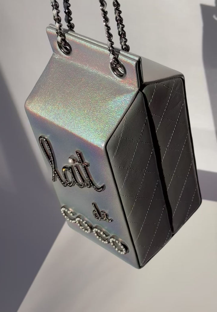 Chanel Runway Iridescent Silver Lambskin Lait De Coco Milk Carton Bag