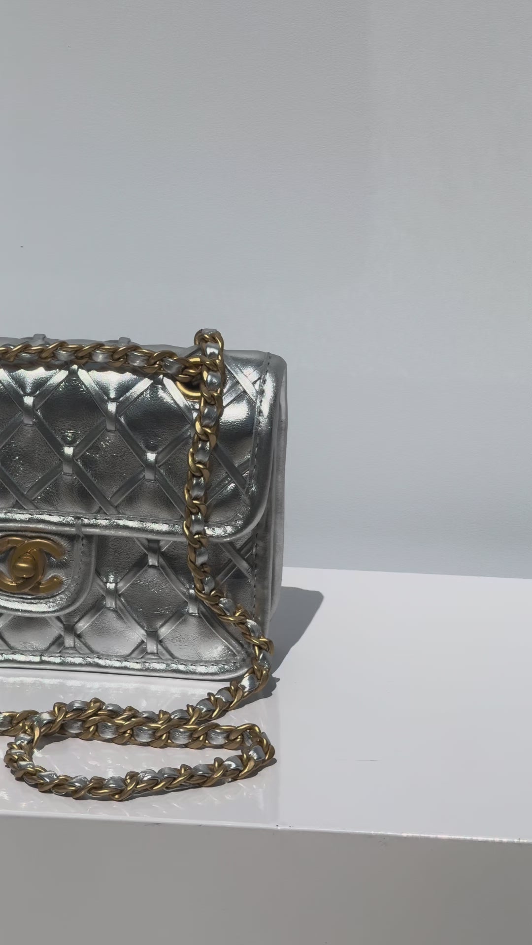Chanel Silver Metallic Mini Braided Calfskin Flap Bag