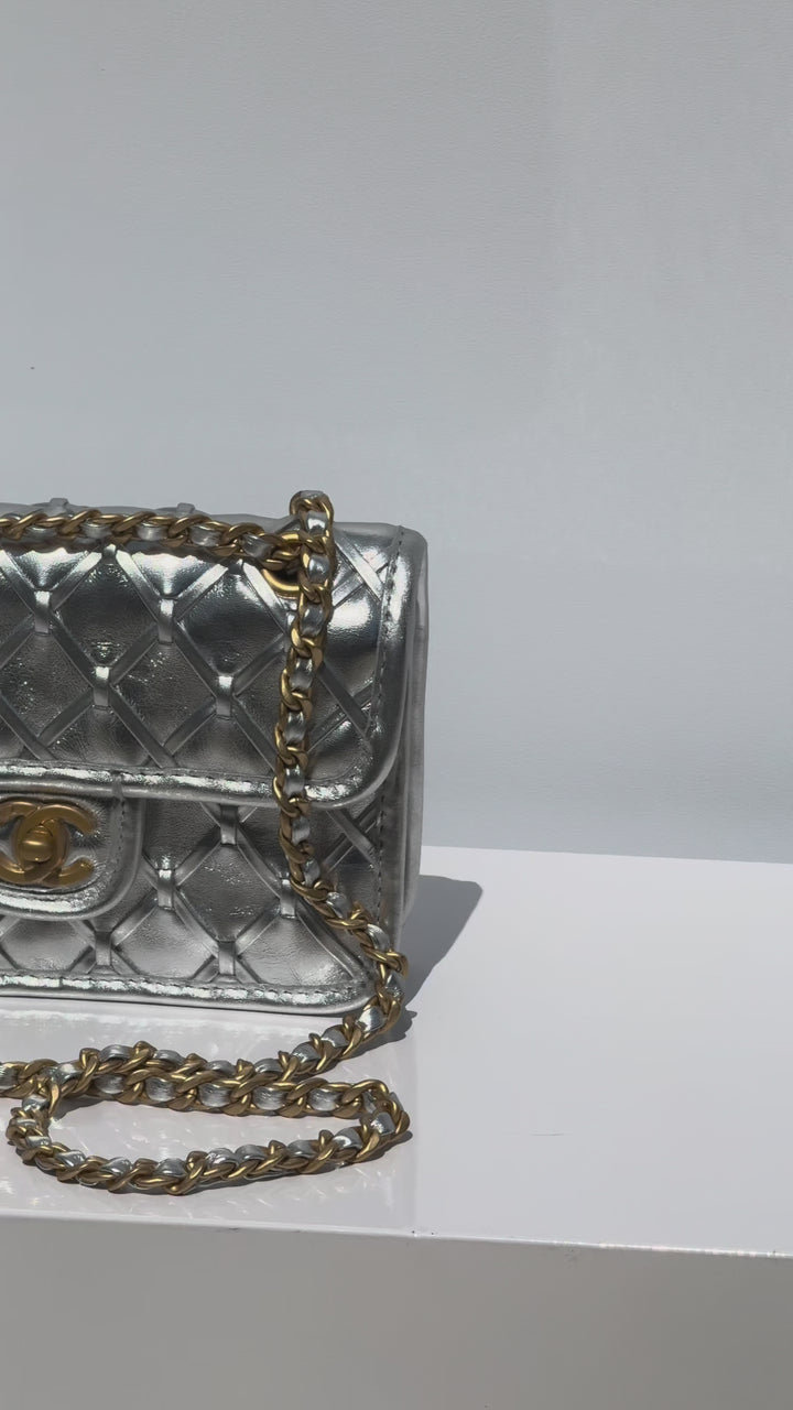 Chanel Silver Metallic Mini Braided Calfskin Flap Bag