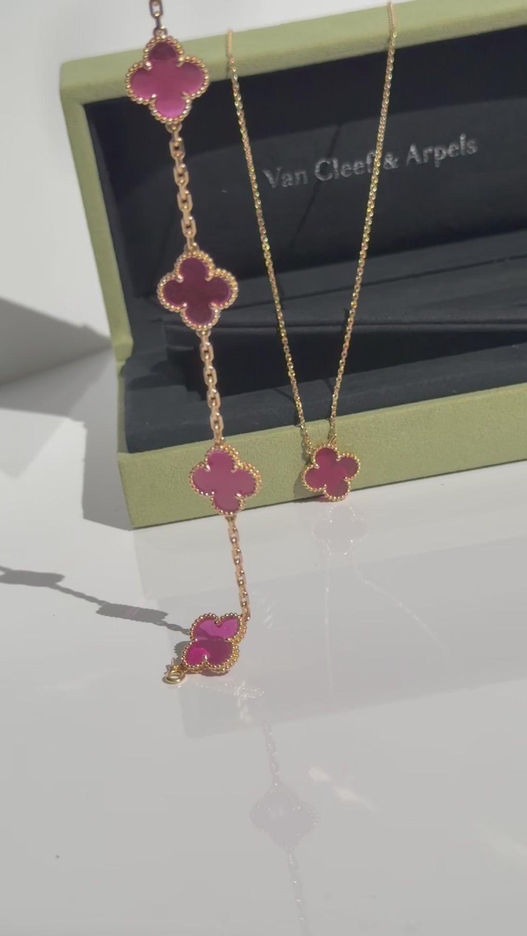 Van Cleef & Arpels Vintage Alhambra 5 Motif Bracelet Pink Enamel 18K Yellow Gold & Matching Pendant