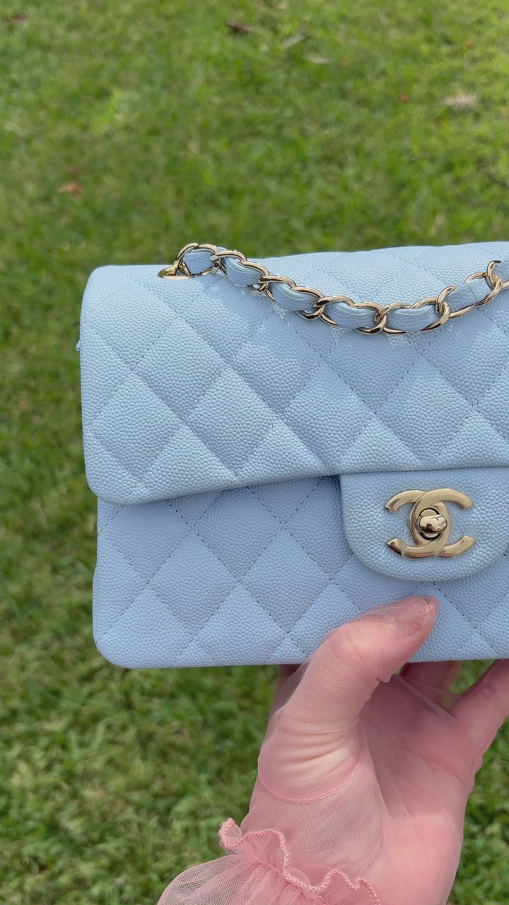 Chanel Small Classic Double Flap Caviar Light Blue Light Gold Hardware 2023