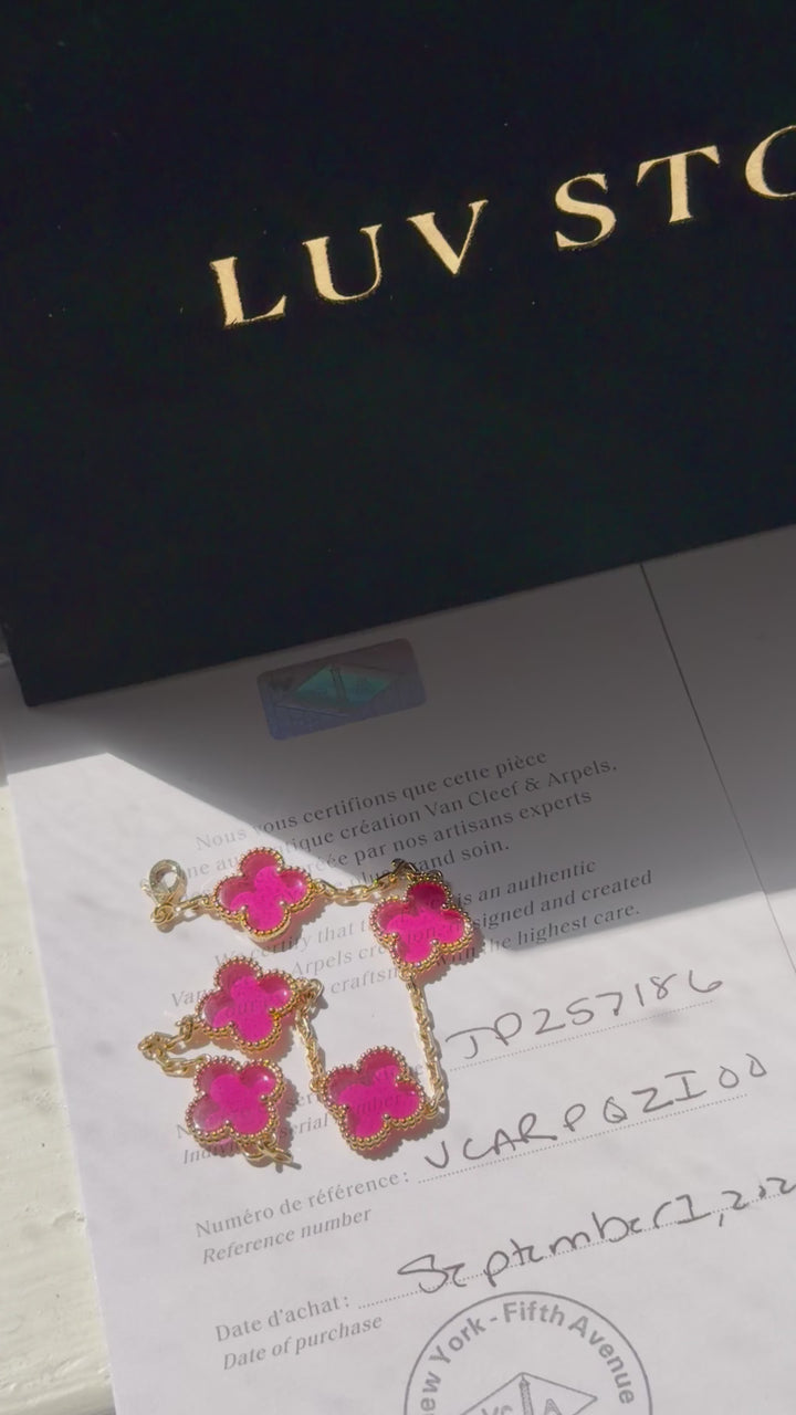 Van Cleef & Arpels Vintage Alhambra 5 Motif Bracelet Pink Enamel 18K Yellow Gold & Matching Pendant
