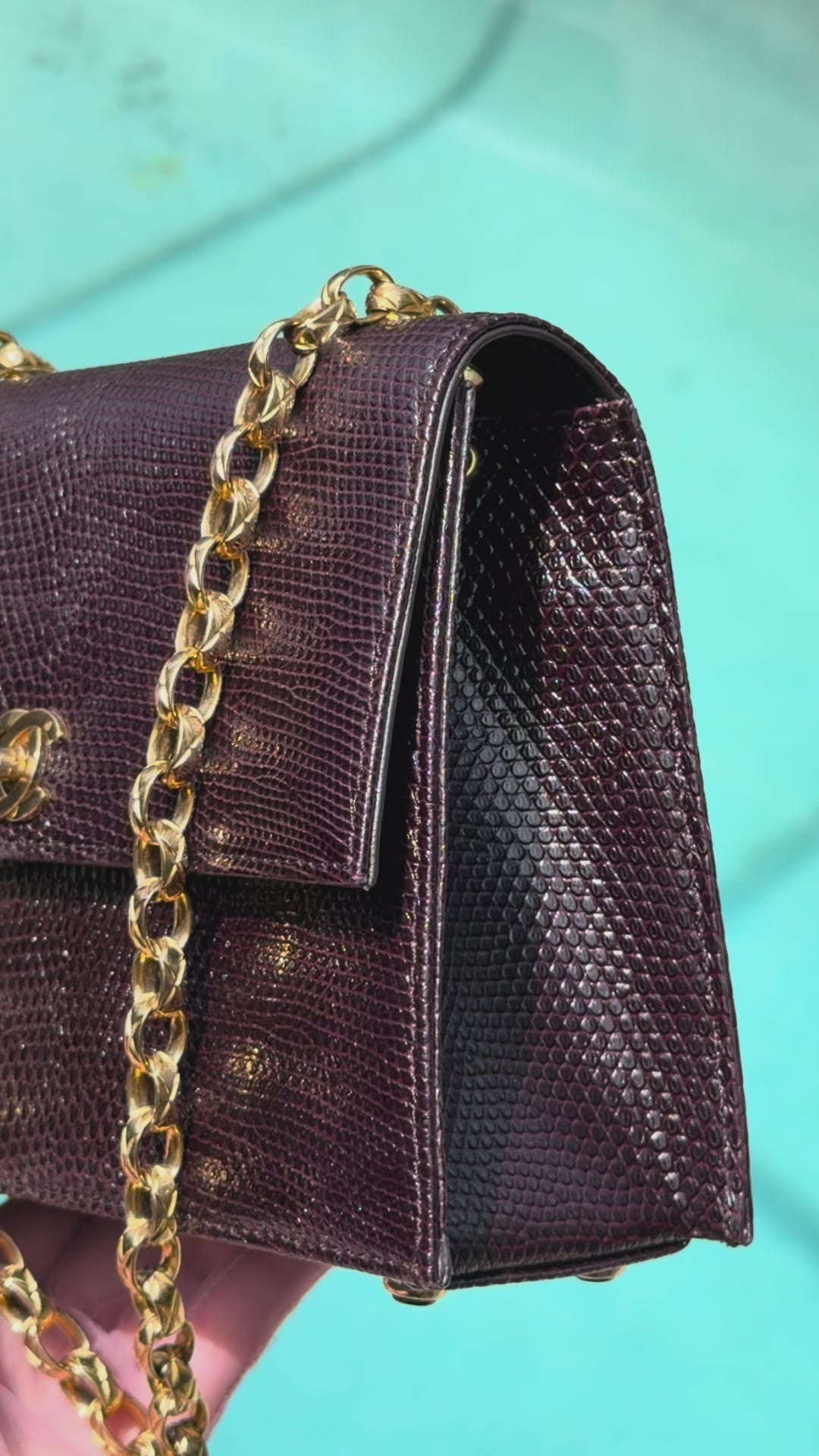 Chanel Small Trapezoid Flap Bag Burgundy Lizard Leather Gold Hardware With Bijoux Chain 1989