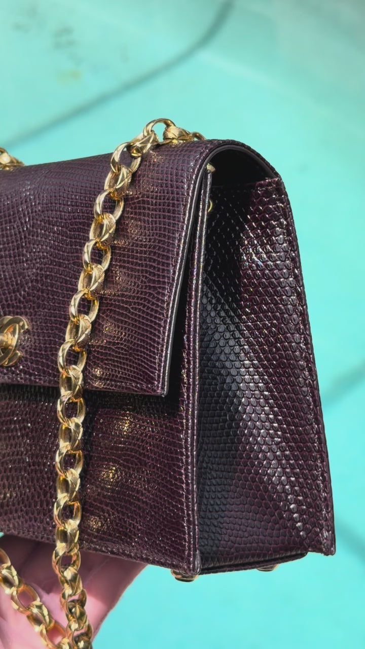 Chanel Small Trapezoid Flap Bag Burgundy Lizard Leather Gold Hardware With Bijoux Chain 1989