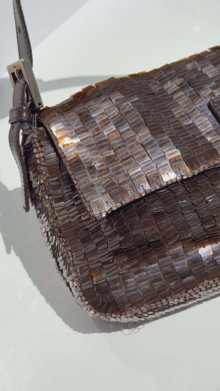 Fendi Brown Sequin Zucca FF Baguette Silver Hardware
