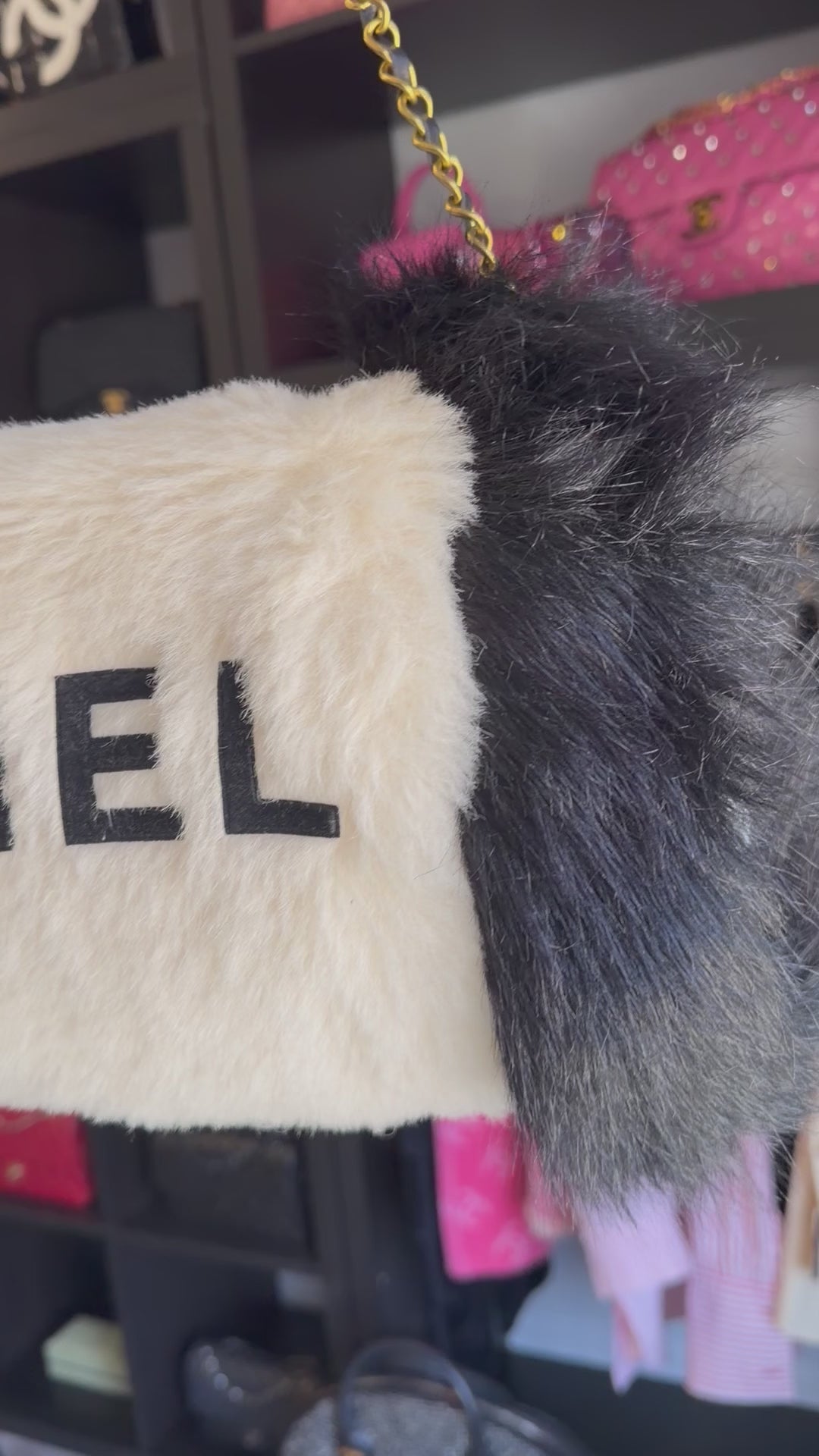 Chanel Jumbo Hand Warmer Shoulder Bag Black Faux Fur Gold Hardware 1990s