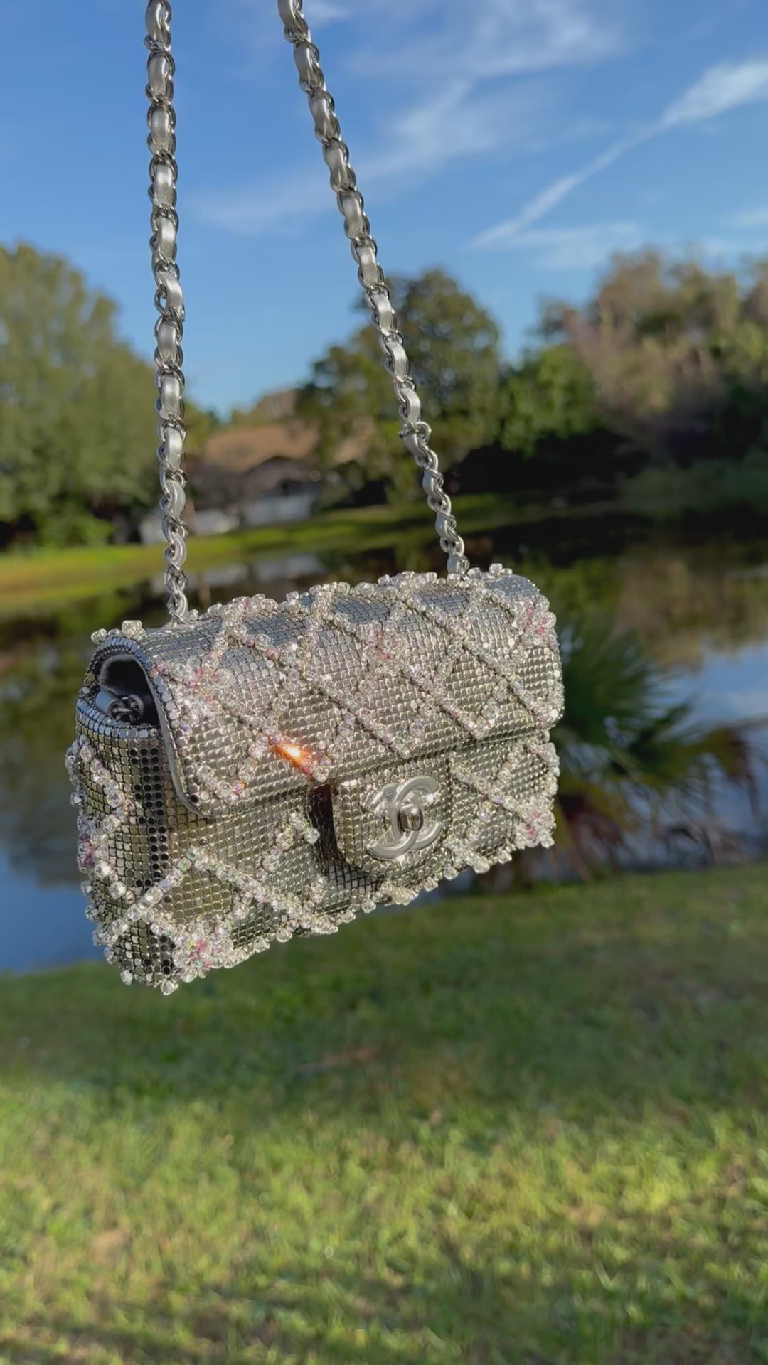 Chanel Silver Crystal Embellished Mini Flap