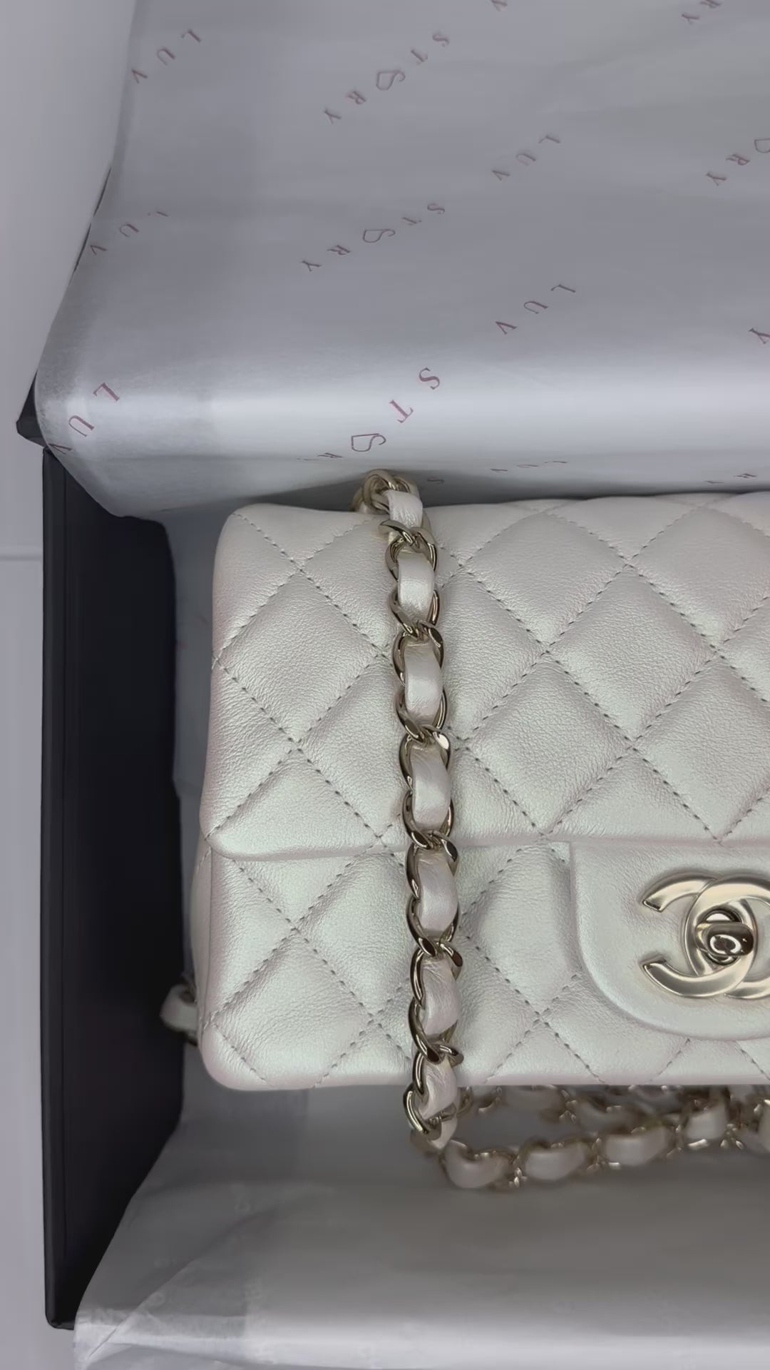 Chanel 21S White Iridescent Calfskin Mini Flap Bag – Its A Luv Story