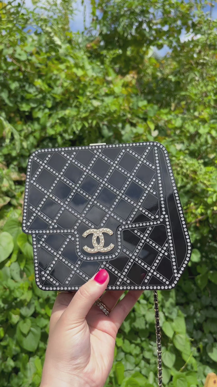 Limited edition Chanel Runway Black Resin Crystal Pearl Evening Clutch Shoulder Box