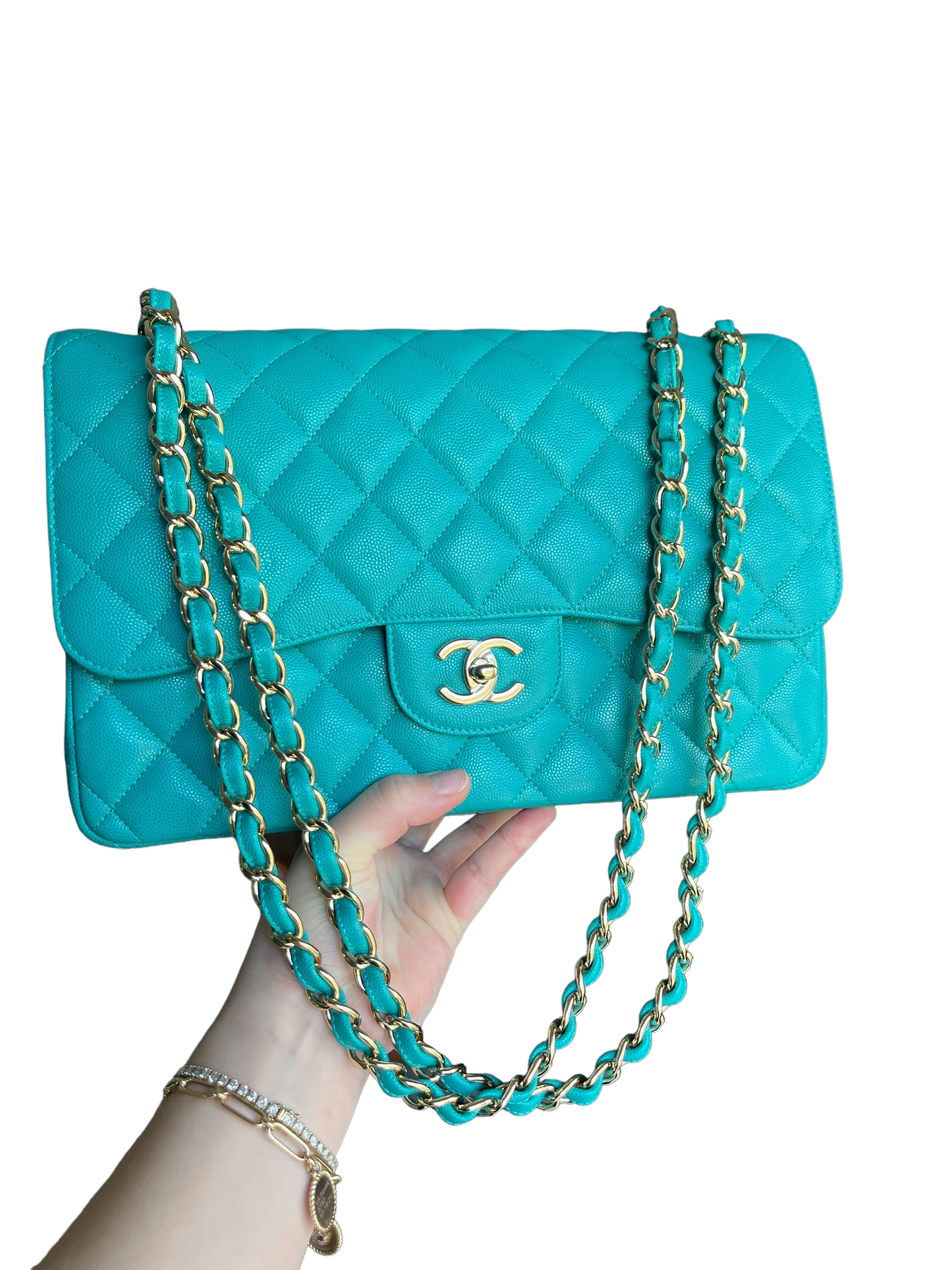 Chanel Turquoise (17C) Jumbo Caviar Double Flap Bag