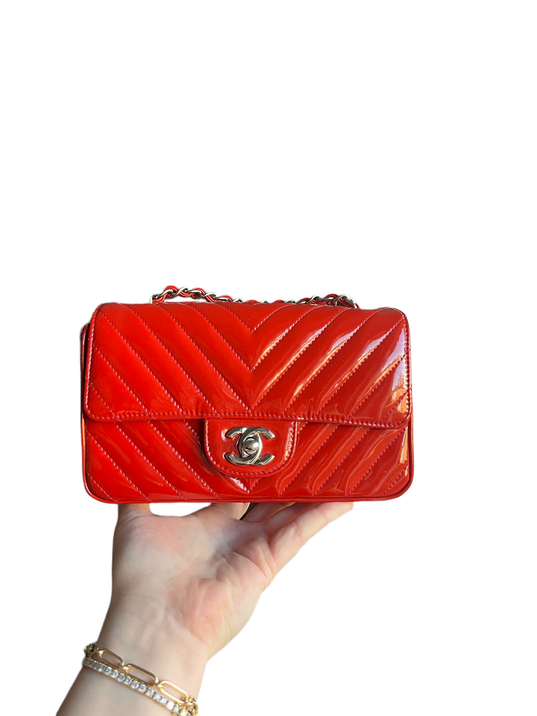 Chanel Red Patent Chevron Mini Rectangular Flap Bag