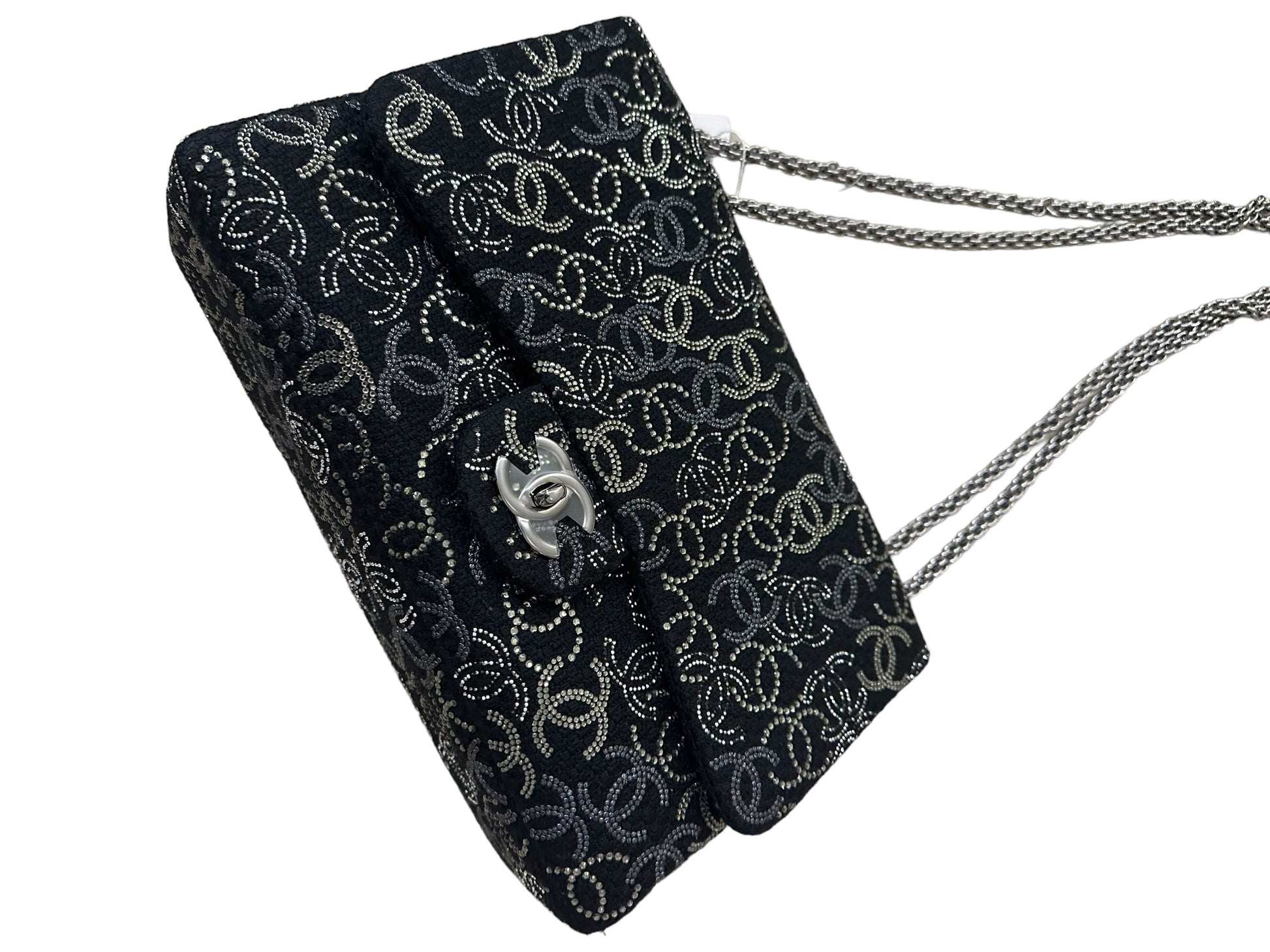 Chanel Black Tweed Swarovski Crystal Jumbo Classic Bag