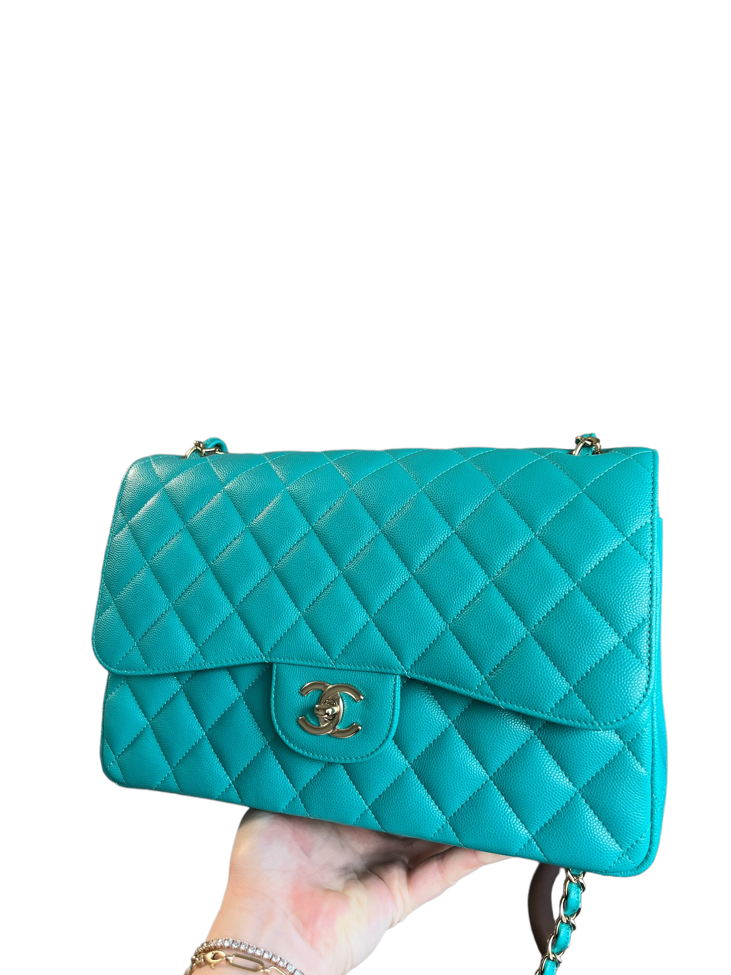 Chanel Turquoise (17C) Jumbo Caviar Double Flap Bag