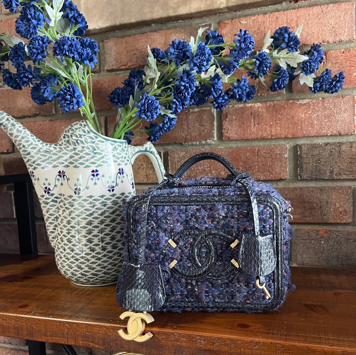 Chanel Small Tweed Snakeskin Quilted CC Filigree Vanity Case Navy Multicolor
