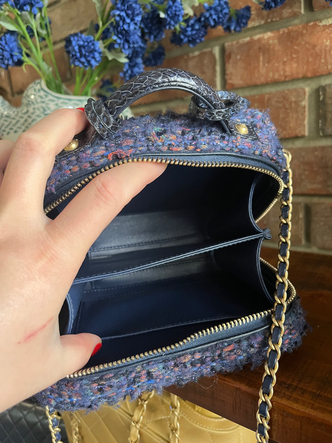 Chanel Small Tweed Snakeskin Quilted CC Filigree Vanity Case Navy Multicolor