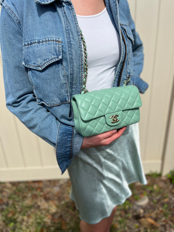 Chanel Light Pistachio Green Lambskin Mini Rectangular Flap Bag