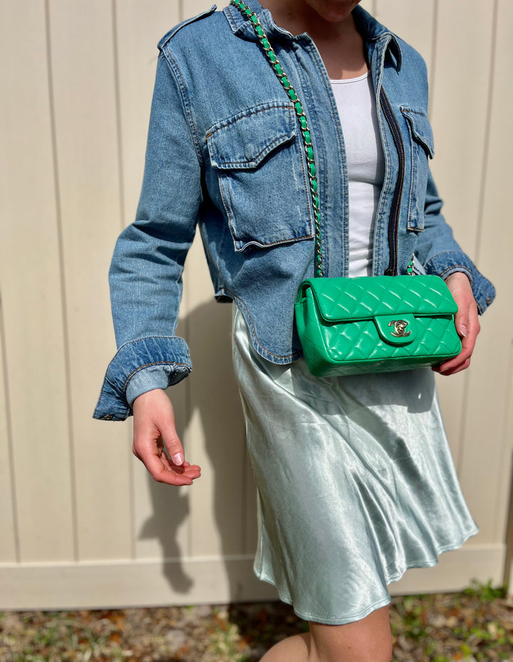 Chanel Neon Green Lambskin Mini Rectangular Flap Bag