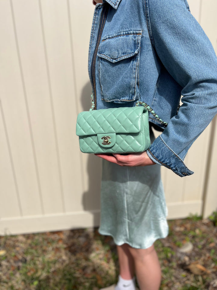 Chanel Light Pistachio Green Lambskin Mini Rectangular Flap Bag