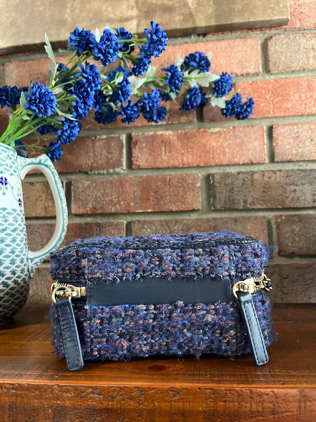 Chanel Small Tweed Snakeskin Quilted CC Filigree Vanity Case Navy Multicolor