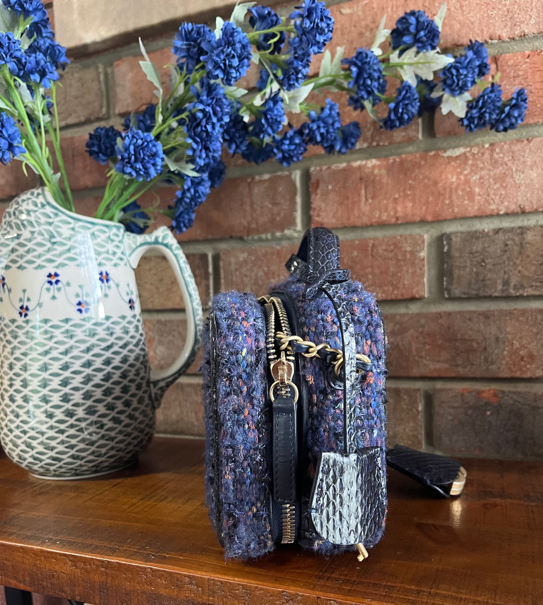 Chanel Small Tweed Snakeskin Quilted CC Filigree Vanity Case Navy Multicolor