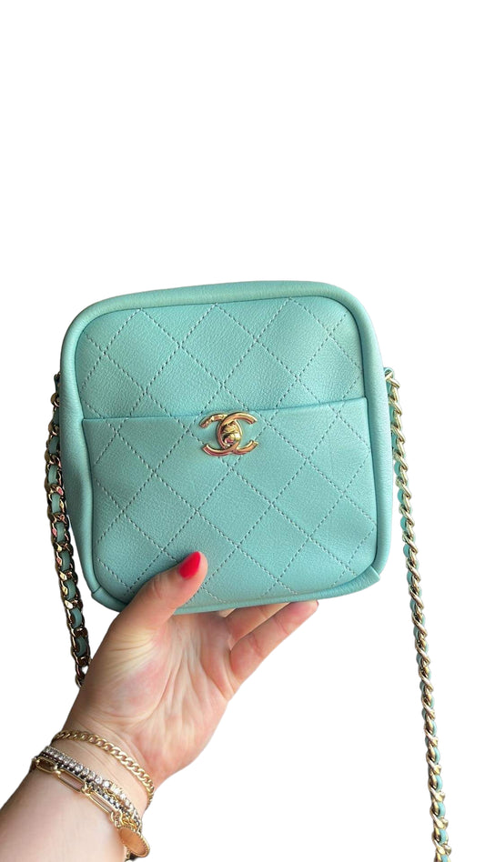 Chanel Tiffany Blue Casual Trip Quilted Lambskin Camera Crossbody