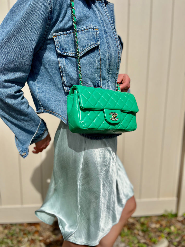 Chanel Neon Green Lambskin Mini Rectangular Flap Bag