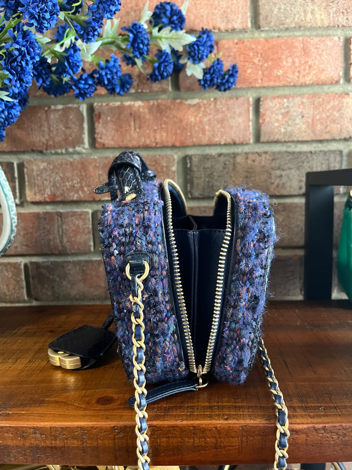 Chanel Small Tweed Snakeskin Quilted CC Filigree Vanity Case Navy Multicolor