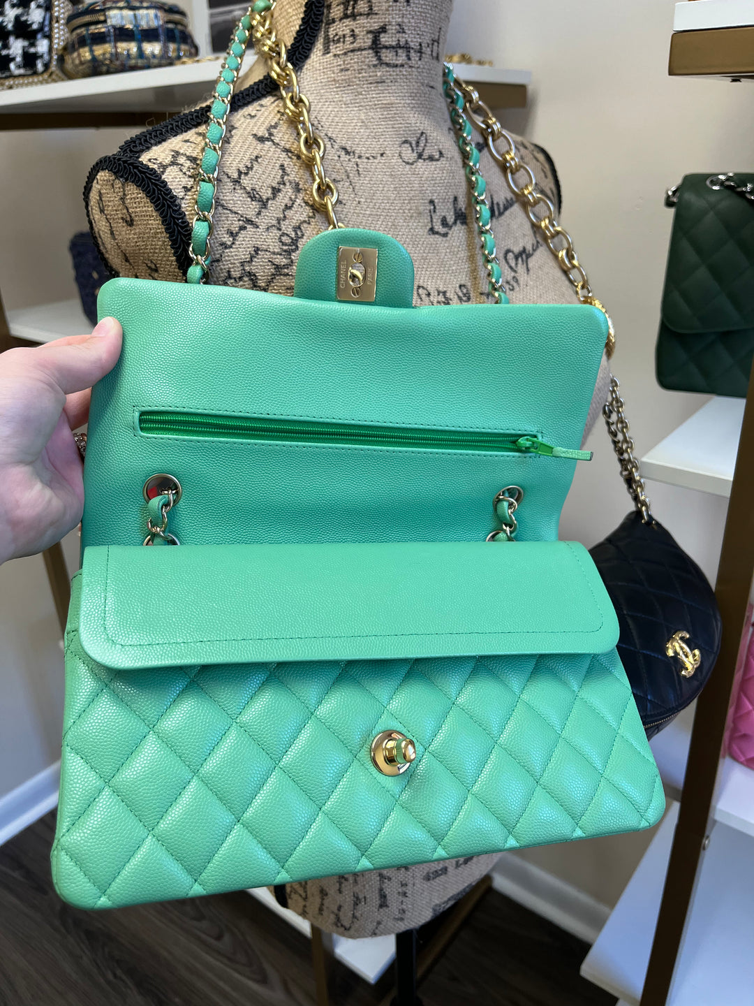 Chanel Light Green Medium Caviar Double Flap Bag