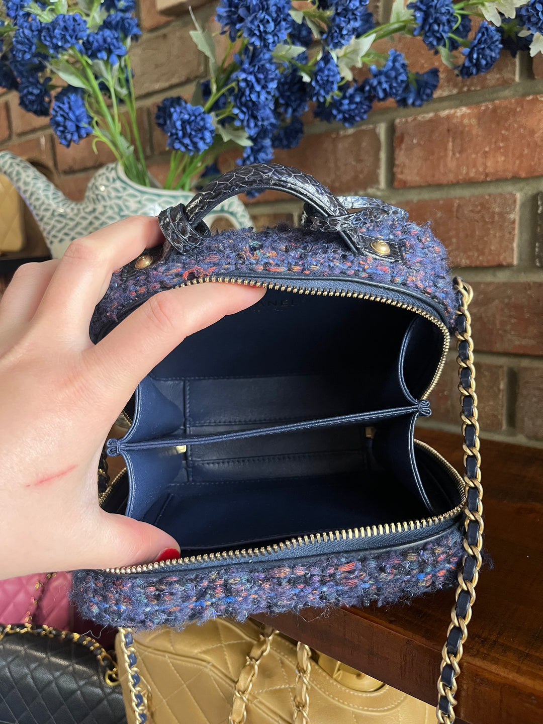 Chanel Small Tweed Snakeskin Quilted CC Filigree Vanity Case Navy Multicolor