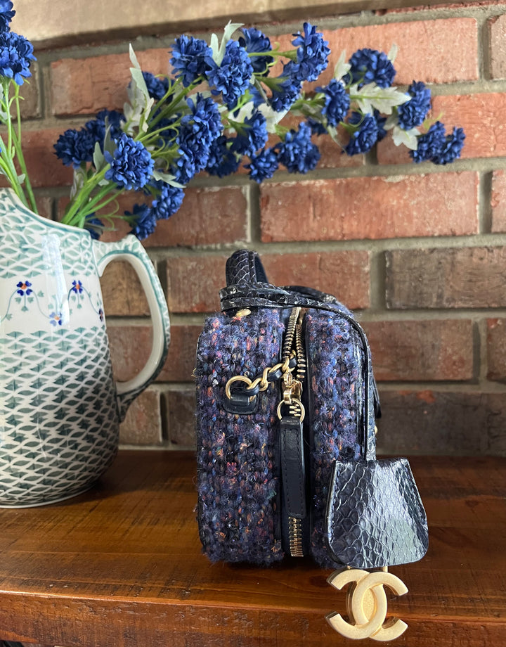Chanel Small Tweed Snakeskin Quilted CC Filigree Vanity Case Navy Multicolor