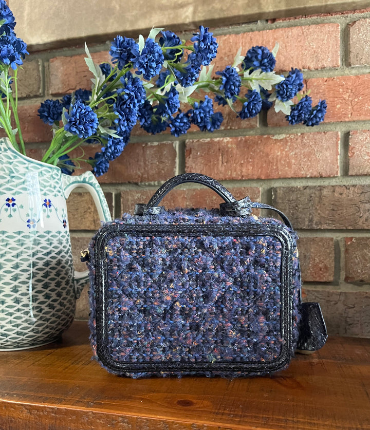 Chanel Small Tweed Snakeskin Quilted CC Filigree Vanity Case Navy Multicolor