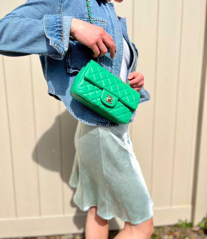 Chanel Neon Green Lambskin Mini Rectangular Flap Bag