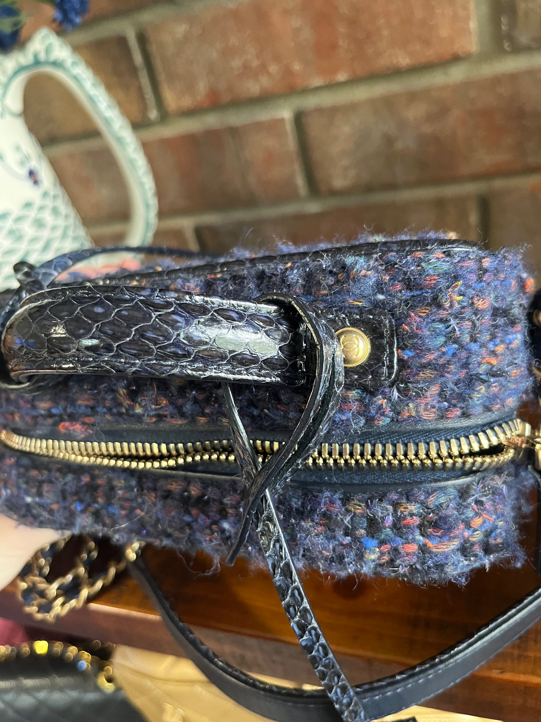 Chanel Small Tweed Snakeskin Quilted CC Filigree Vanity Case Navy Multicolor