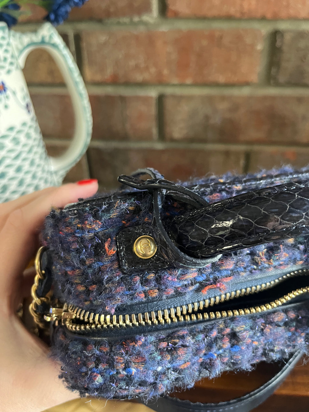 Chanel Small Tweed Snakeskin Quilted CC Filigree Vanity Case Navy Multicolor