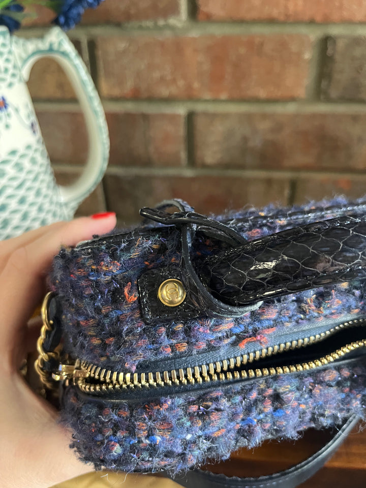 Chanel Small Tweed Snakeskin Quilted CC Filigree Vanity Case Navy Multicolor